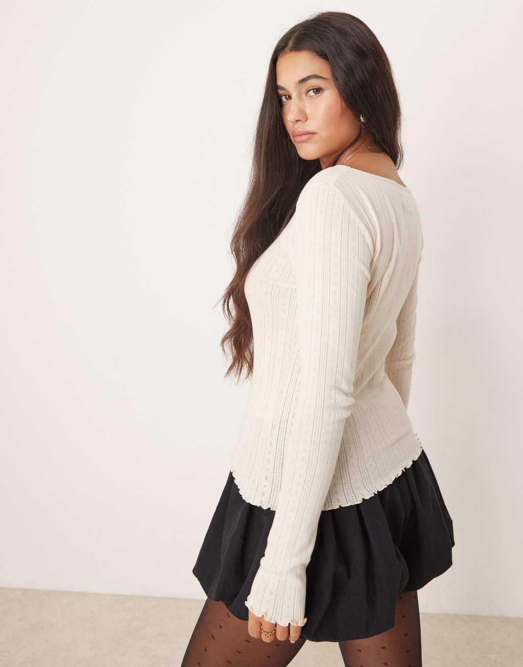 JDY lettuce edge long sleeve boatneck top in white Product Image