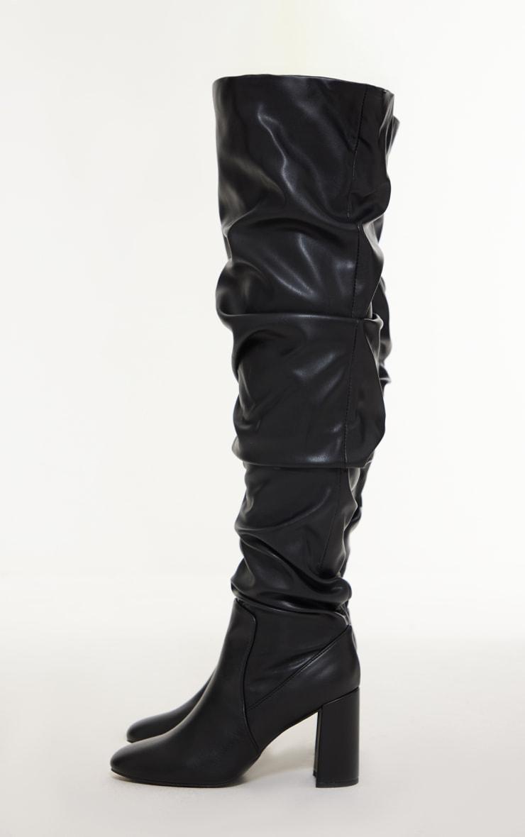 Black Pu Round Toe Ruched Over The Knee Block Heeled Boots Product Image