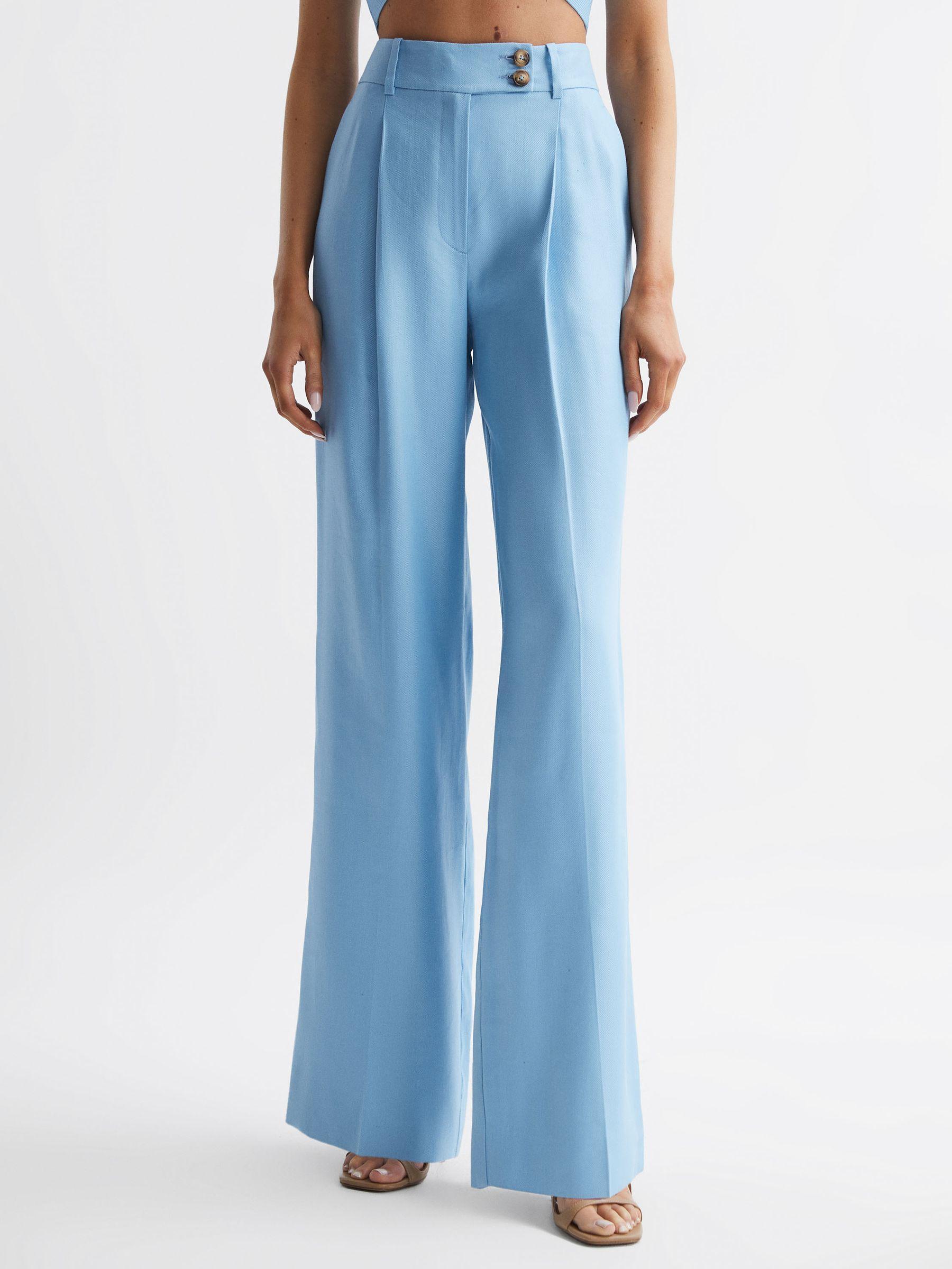 Wide Leg Linen Trousers in Blue Product Image