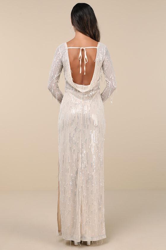Glittery Devotion Champagne Sequin Fringe Maxi Dress Product Image