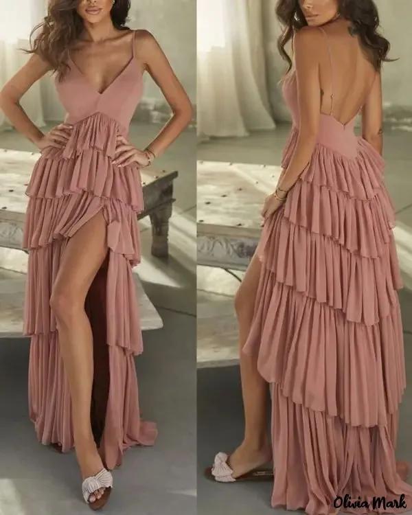 Olivia Mark – Backless Layered Ruffle High Slit Dress Product Image