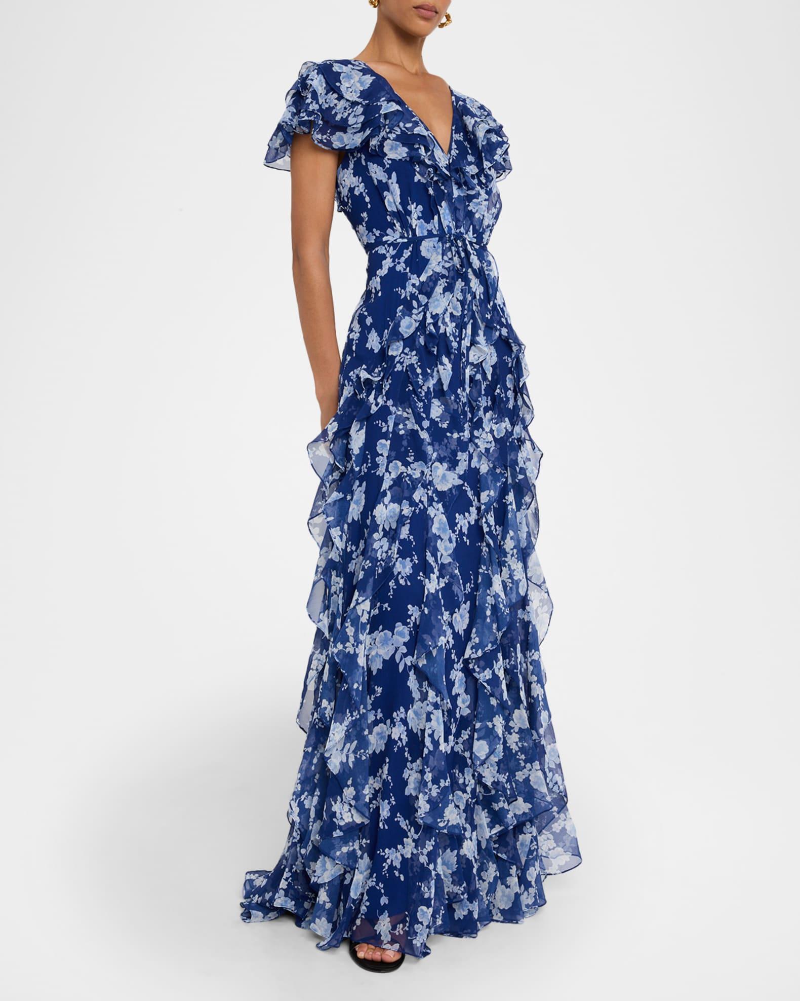 Plunging Ruffle Short-Sleeve Silk Gown Product Image