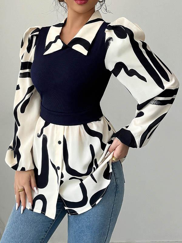 Long Sleeves Loose Buttoned Contrast Color Pleated Split-Joint Lapel Blouses&Shirts Tops Product Image