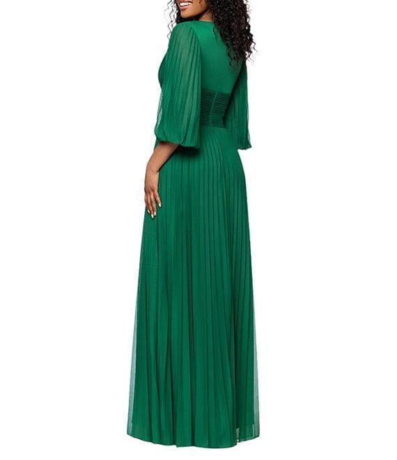 Betsy & Adam Petite Size Sheer Matte Jersey 3/4 Puff Sleeve Pleated Gown Product Image