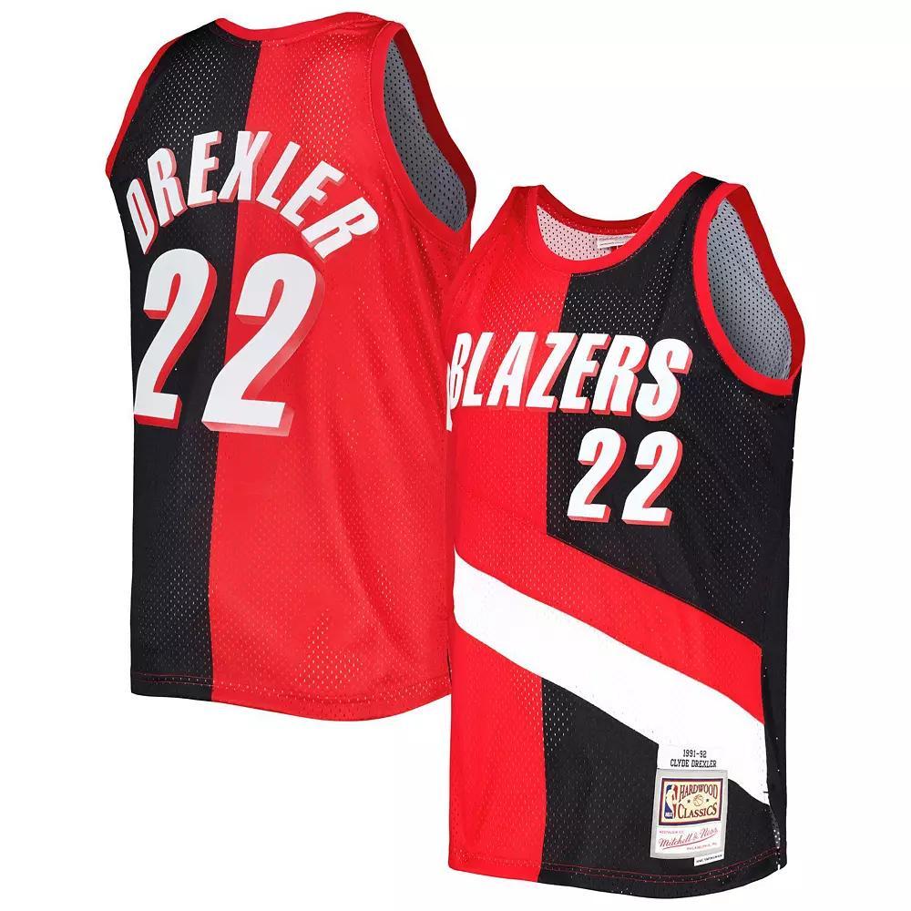 Men's Mitchell & Ness Clyde Drexler Red/Black Portland Trail Blazers Hardwood Classics 1991-92 Split Swingman Jersey, Size: Medium Product Image