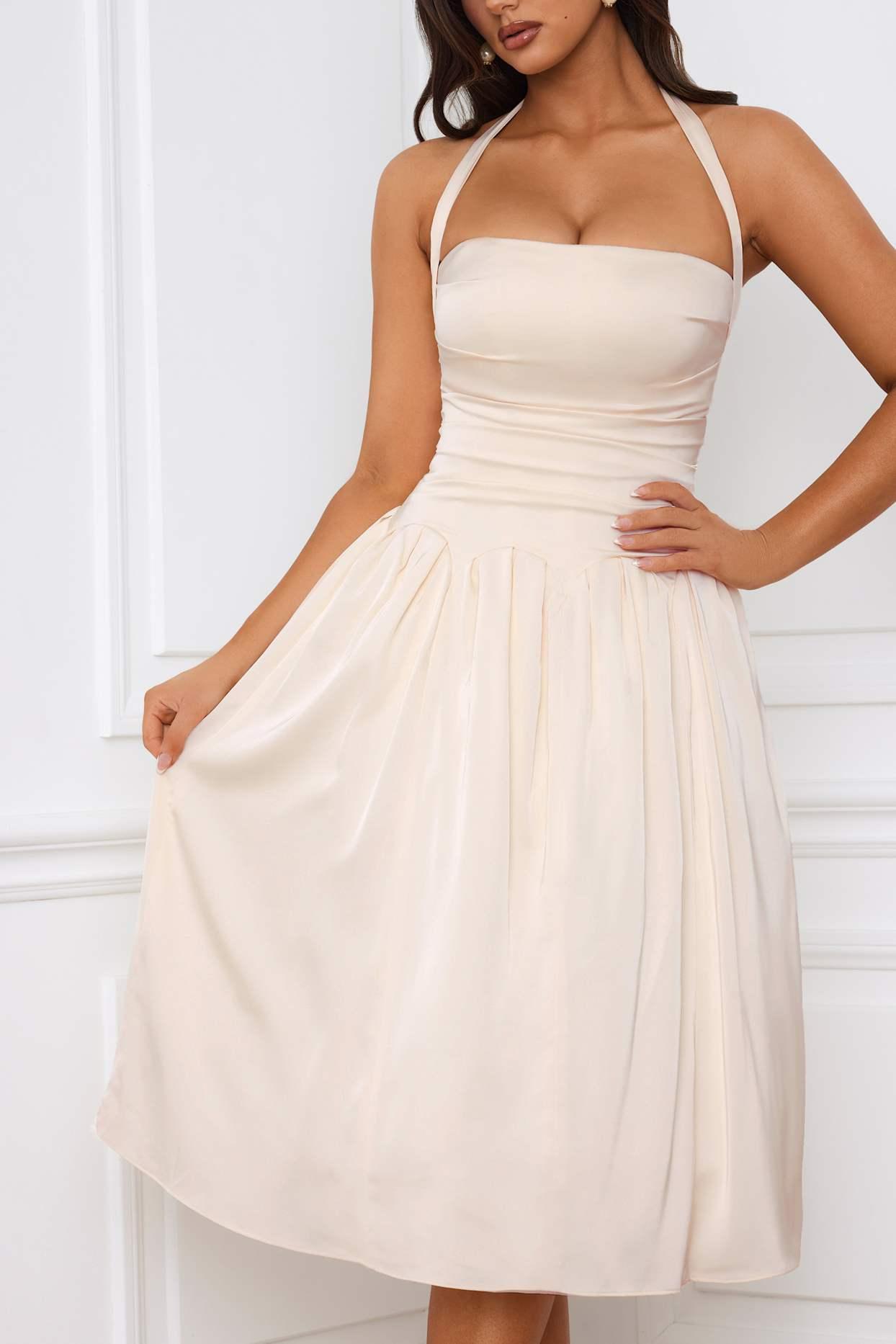 Halterneck Lace-Up Ruched Corset Midi Dress in Ivory Product Image