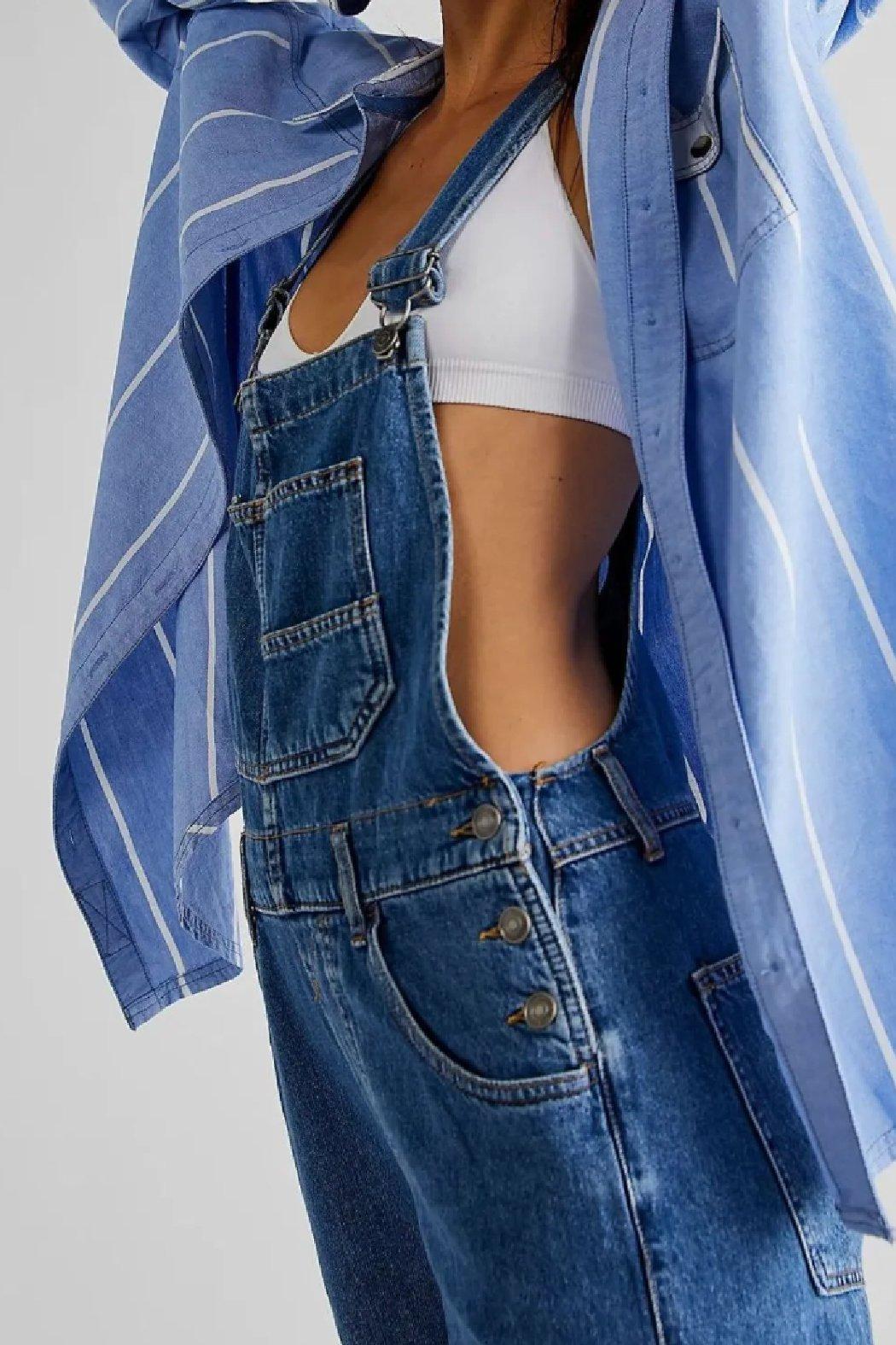 Wide Strap Square Neck Denim Overalls Product Image