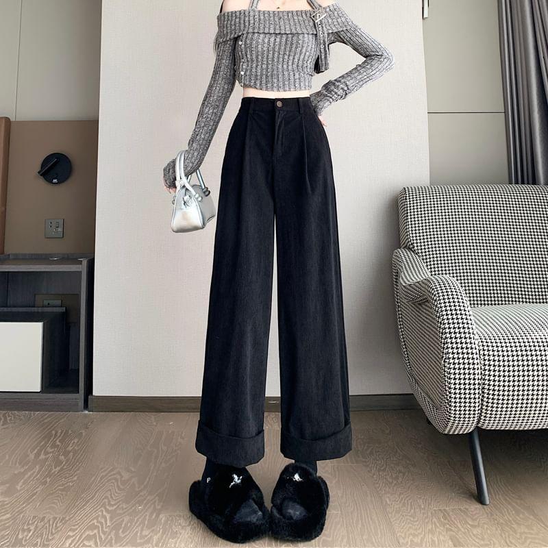 High Waist Plain Cropped Wide Leg Pants Product Image