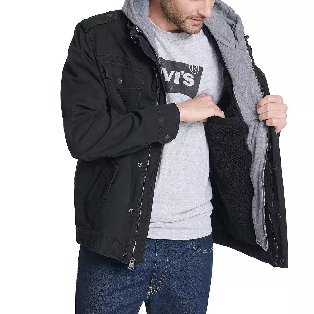 Men's Levi's® Washed Cotton Sherpa-Lined Hooded Trucker Jacket, Size: Large, Black Product Image