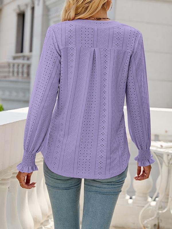 Long Sleeves Loose Elasticity Hollow Solid Color V-Neck T-Shirts Tops Product Image