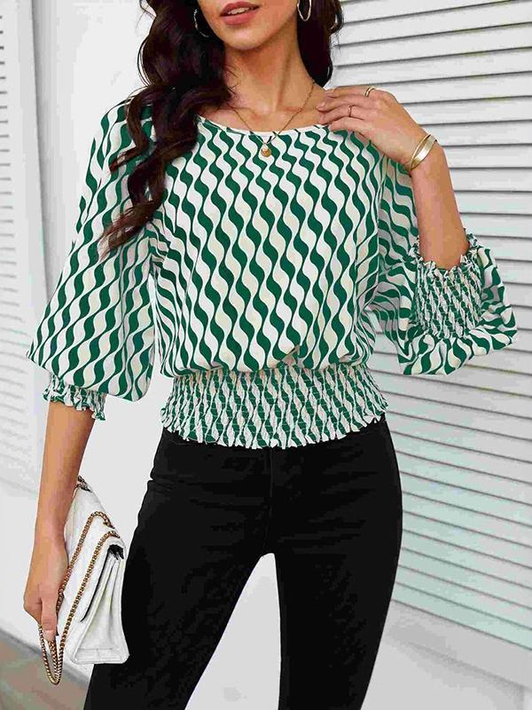 Loose Puff Sleeves Elasticity Printed Split-Joint Round-Neck Blouses&Shirts Tops Product Image