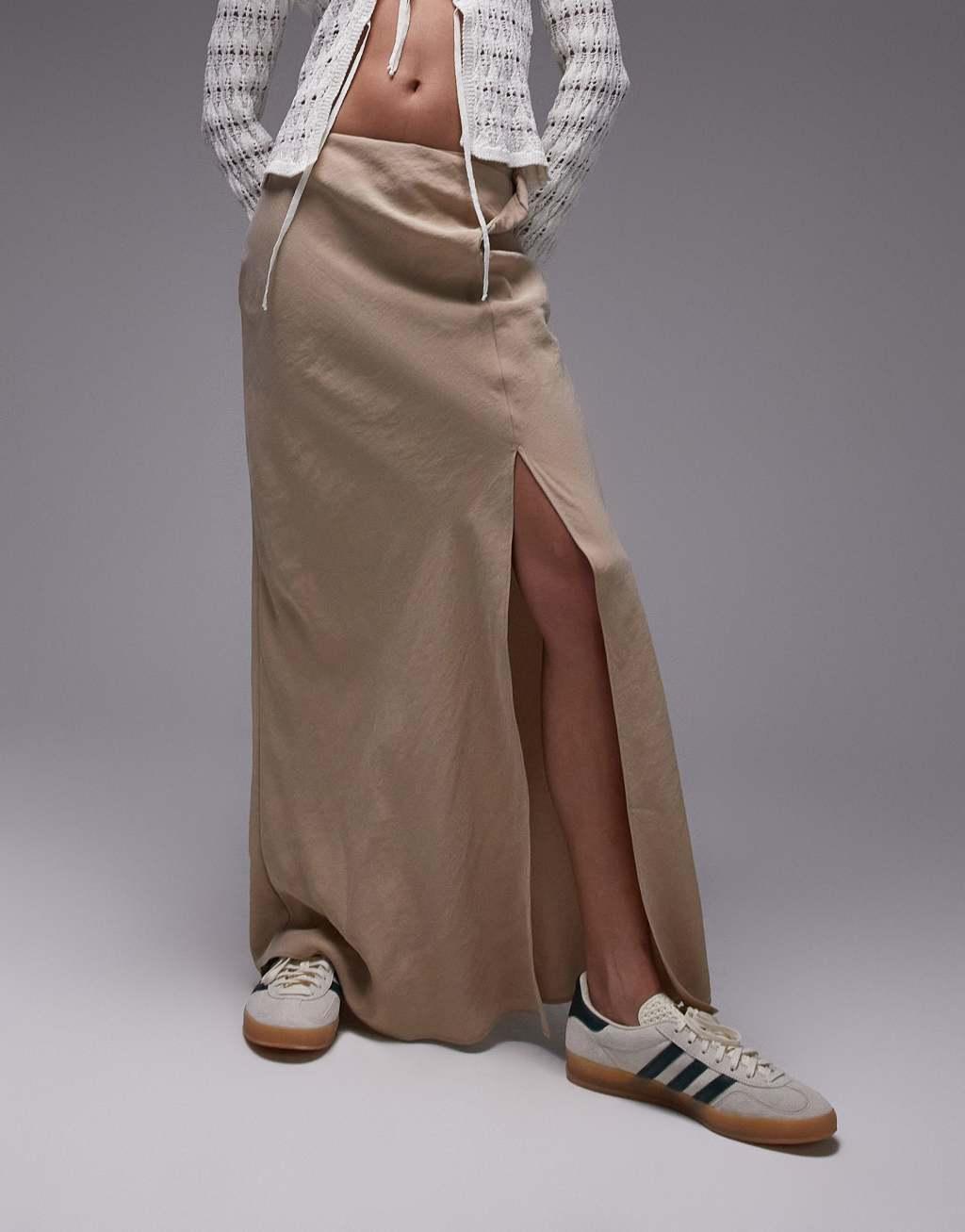 Topshop soft touch twist low rise maxi skirt in sand Product Image