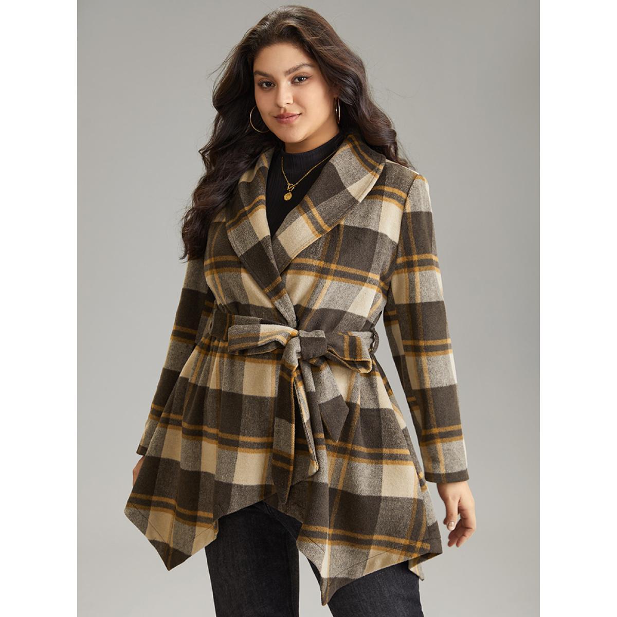 Plus Size Plaid Belted Lapel Collar Hanky Hem Coat Women DarkBrown Casual Belted Ladies Dailywear Winter Coats BloomChic 14-16/1X Product Image