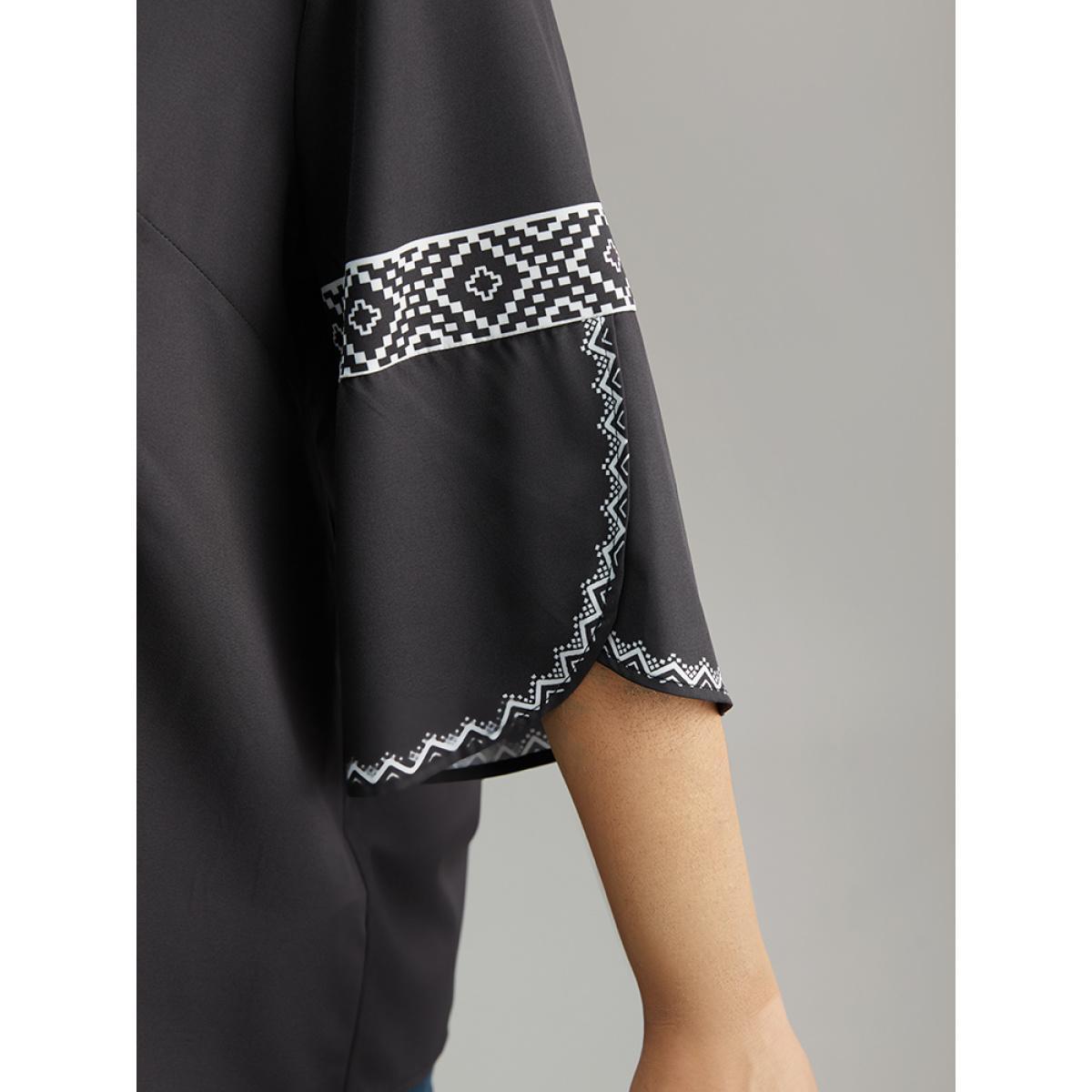 Plus Size Black Boho Print Patchwork V Neck Blouse Women Vacation Elbow-length sleeve V-neck Dailywear Blouses BloomChic 14-16/1X Product Image