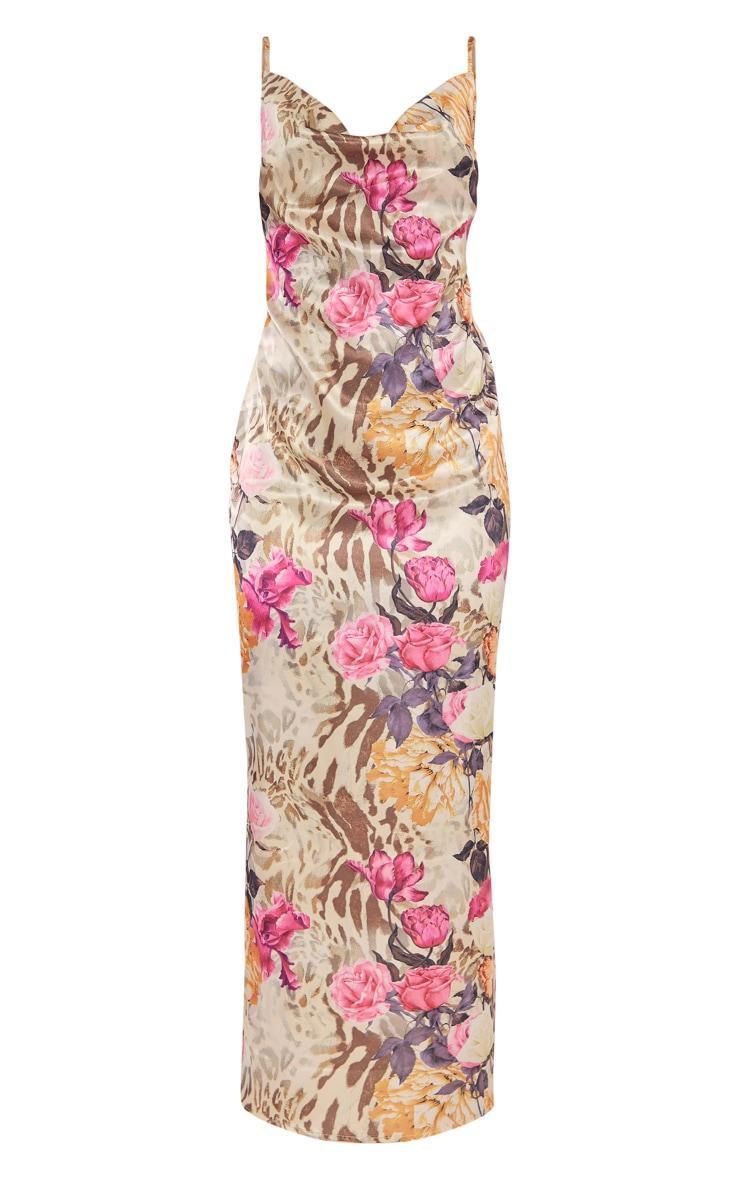 Multi Floral Animal Printed Satin Cowl Neck Maxi Dress Product Image