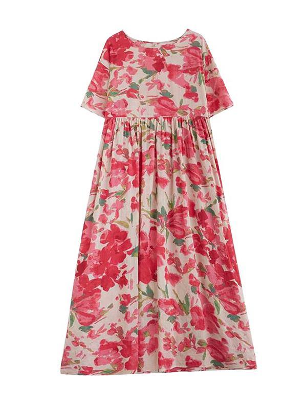 A-line Batwing Sleeves Flower Print Pleated Split-Joint Round-neck Midi Dresses Product Image