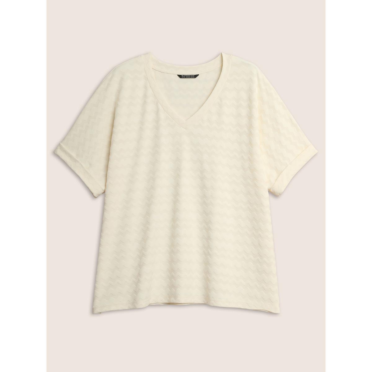 Plus Size V Neck Plain Textured Batwing Sleeve T-shirt Beige Women Casual Texture V-neck Everyday T-shirts BloomChic 30/6X Product Image