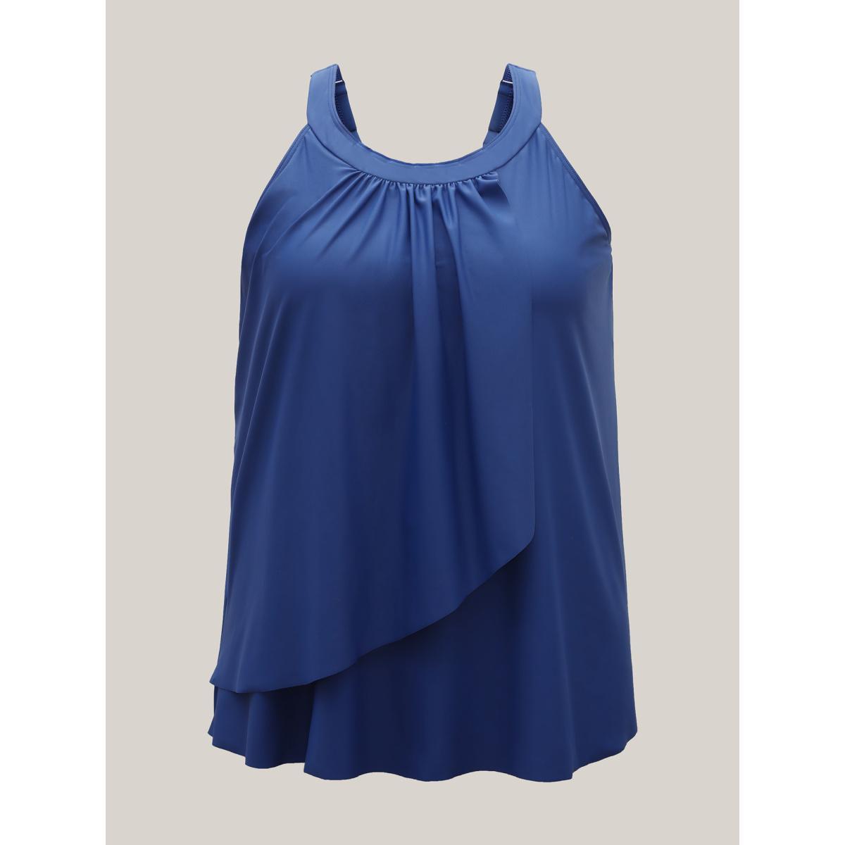 Plus Size Pleated Adjustable Straps Relaxed Swim Top Women's Swimwear Indigo Beach High stretch Bodycon Round Neck Curve Swim Tops BloomChic 12/L Product Image