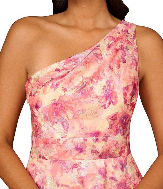 Aidan Mattox Floral Printed Metallic Jacquard One Shoulder Ball Gown Product Image