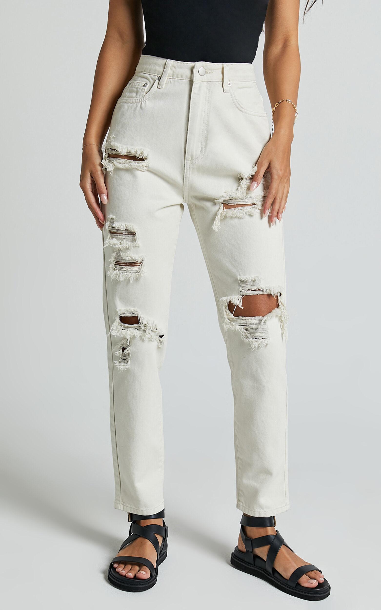 Billie Jeans - High Waisted Cotton Distressed Mom Denim Jeans in Ecru Product Image