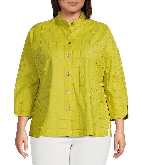 Ali Miles Plus Size Solid Allover Textured Square Pattern Soft Point Collar 3/4 Sleeve Button Front Tunic Product Image