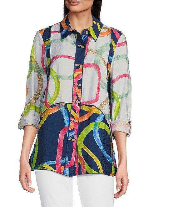 Ali Miles Printed Point Collar 3/4 Roll Tab Sleeve Button Front Tunic Product Image