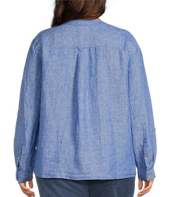 John Mark Plus Size Woven Y-Neck Long Roll-Tab Sleeve Tie-Front Button Front Top Product Image