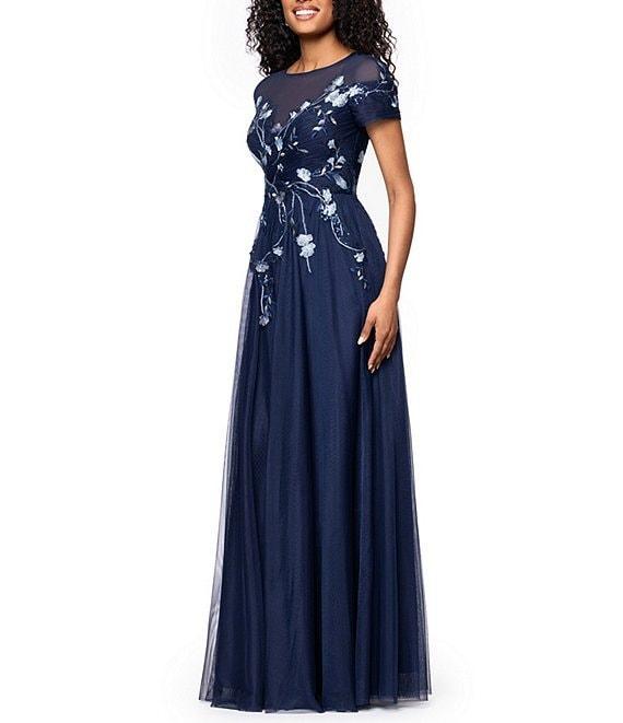 Betsy & Adam Mesh Short Sleeve Floral Sequin Embroidered A-Line Gown Product Image
