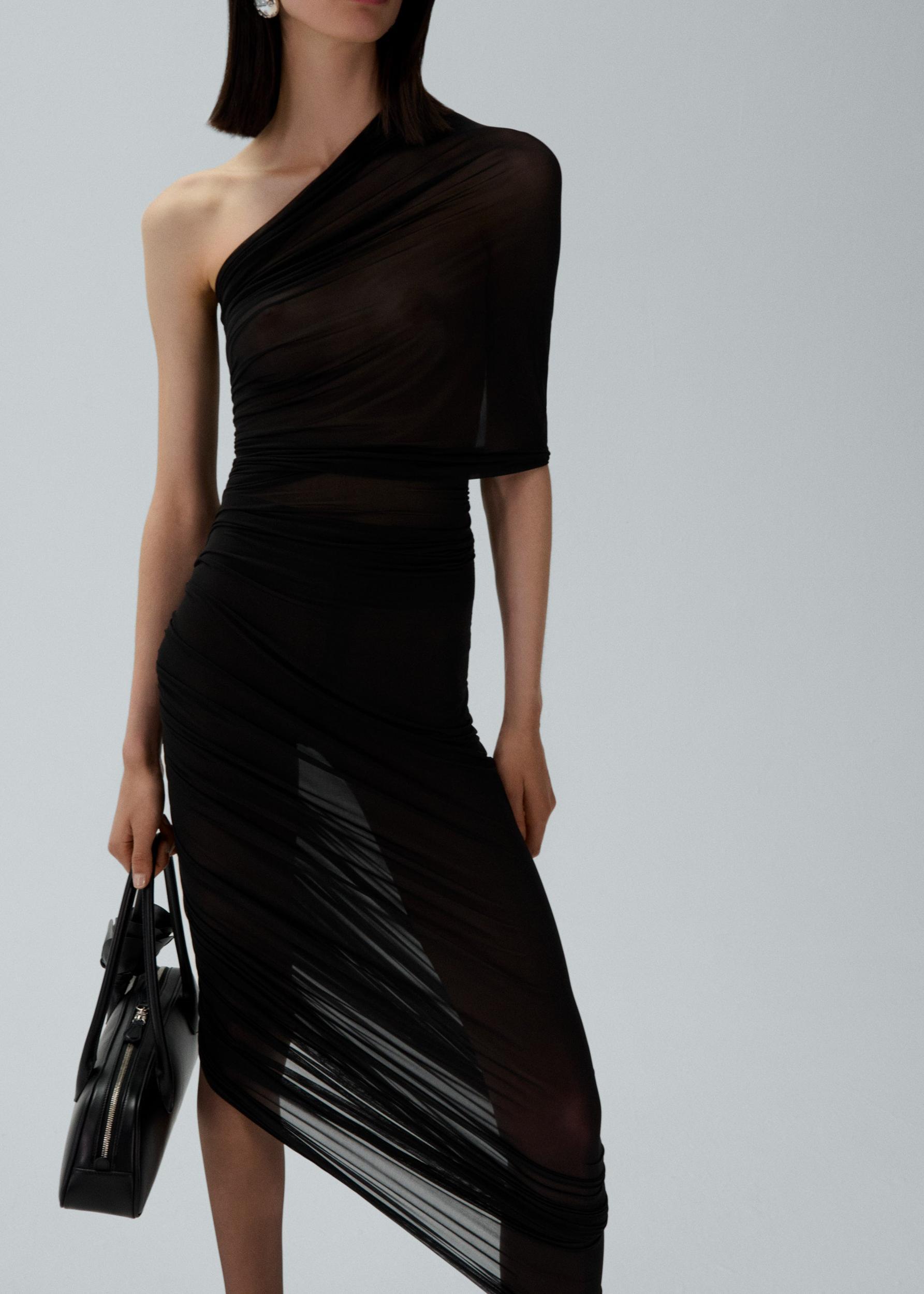 One shoulder draped midi dress in black Product Image