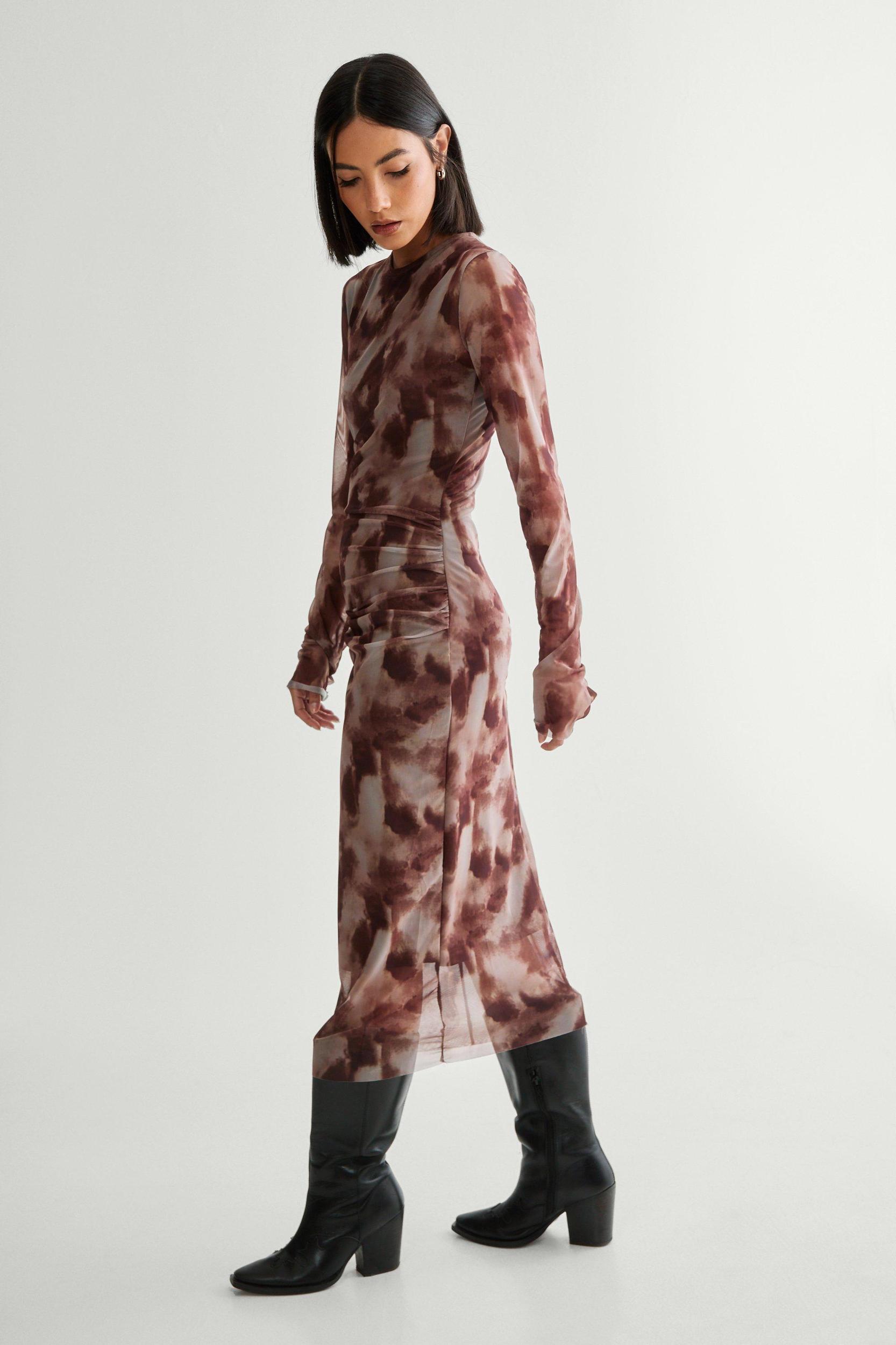 Blurred Print Mesh Long Sleeve Maxi Dress Product Image