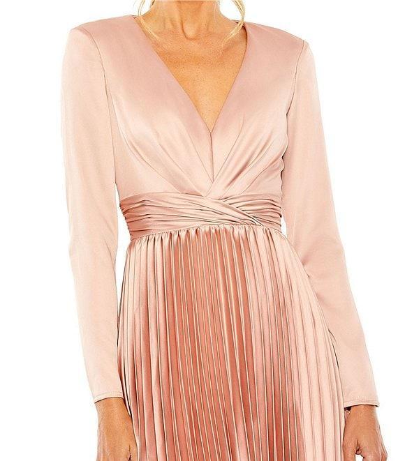 Mac Duggal Pleated Satin V-Neck Long Sleeve Fit and Flare Midi Dress Product Image