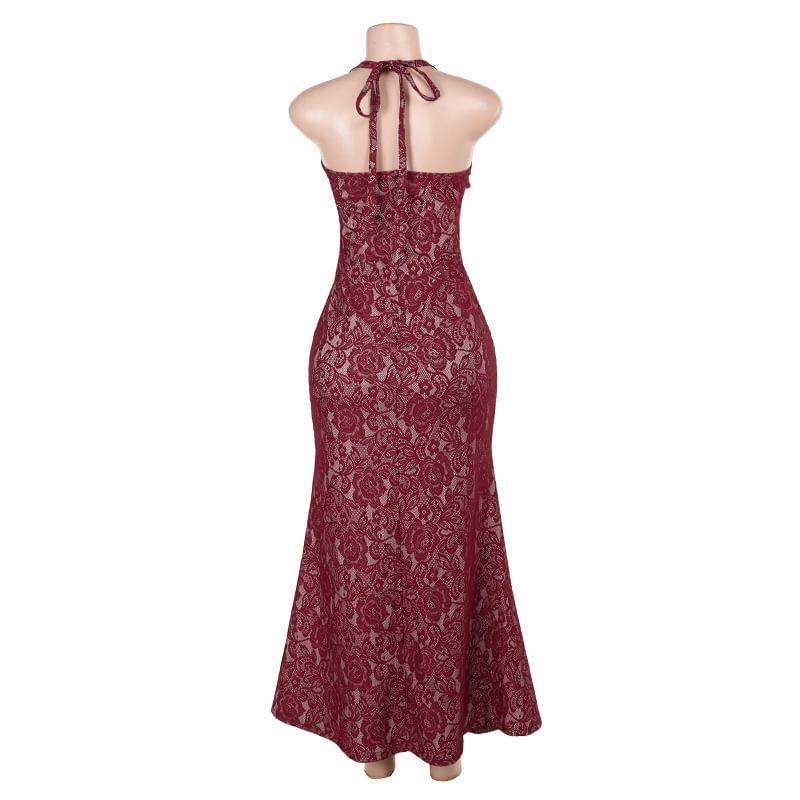 Halter Flower Accent Lace Maxi Mermaid Dress Product Image