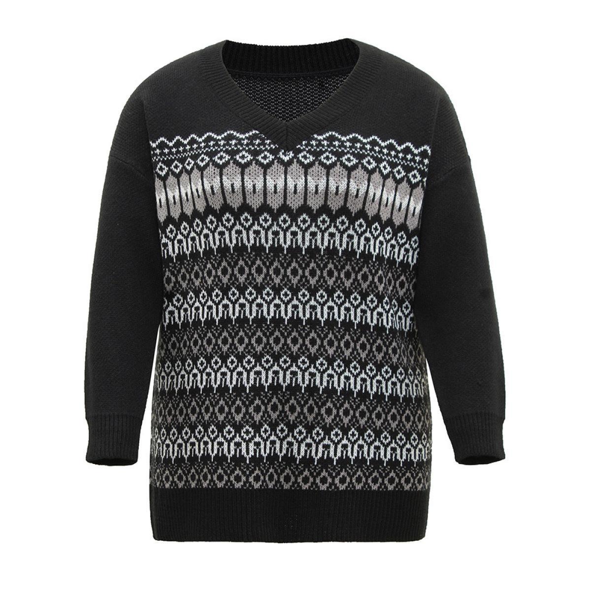 Plus Size Loose V Neck Geometric Print Jacquard Pullover Black Women Casual Loose Long Sleeve V-neck Dailywear Pullovers BloomChic 22-24/3X Product Image