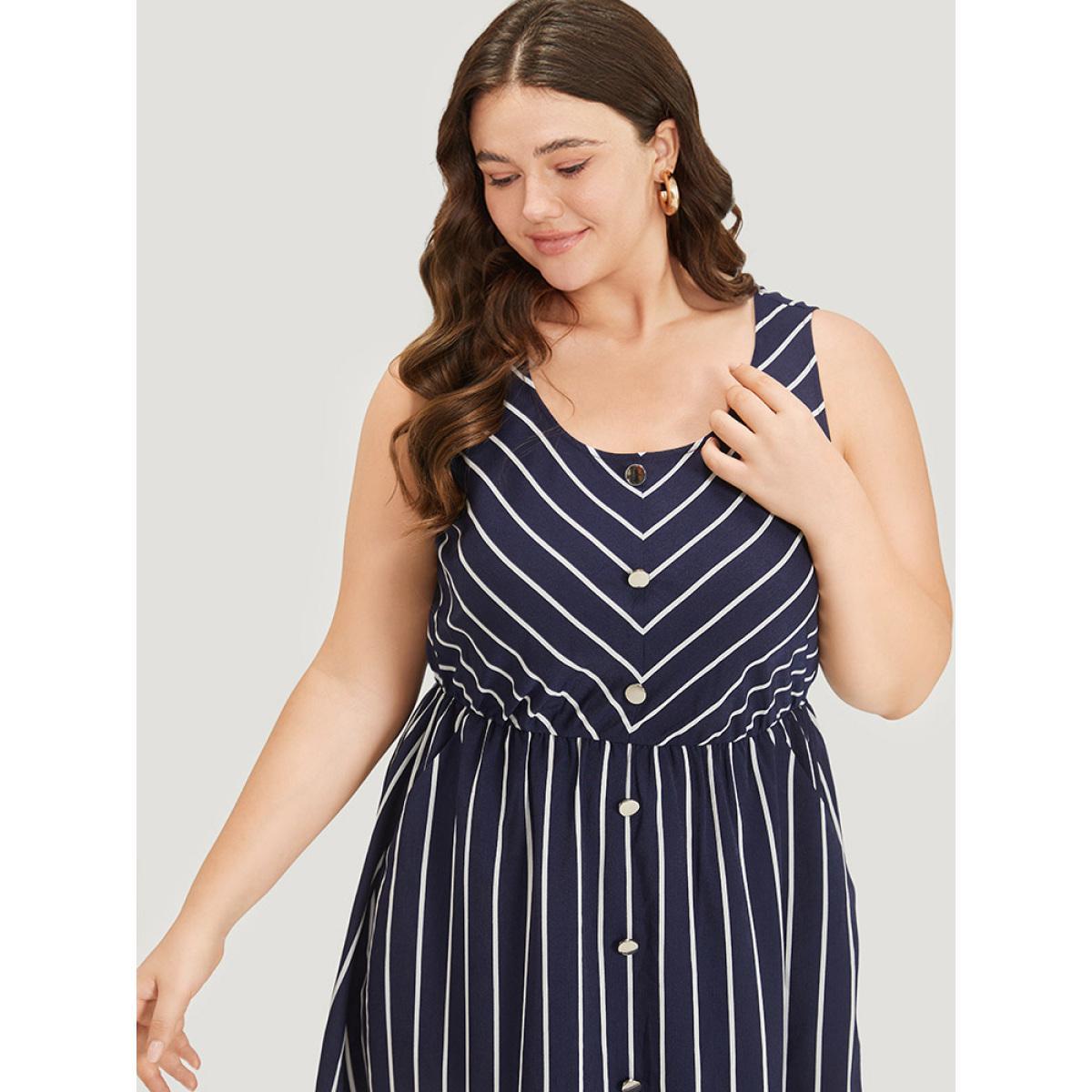 Plus Size Striped Button Detail Elastic Waist Pocket Tank Dress DarkBlue Women Elegant Elastic Waist Scoop Neck Sleeveless Curvy Midi Dress BloomChic 12/L Product Image