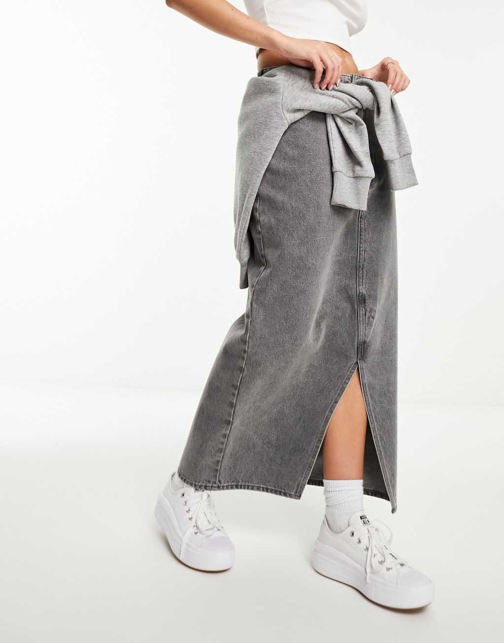 Monki midi denim skirt in gray Product Image