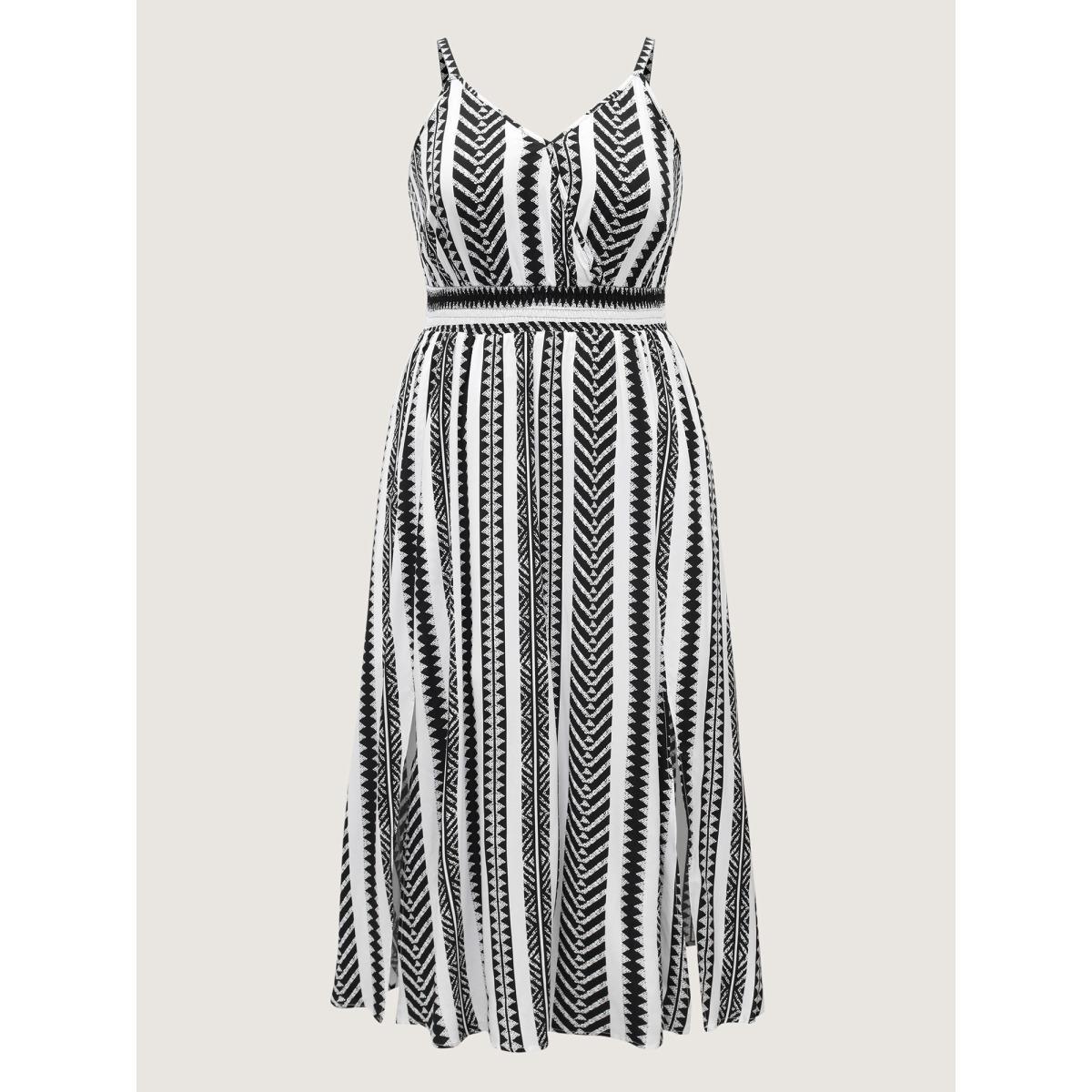 Plus Size Geometric Stripe Shirred Cami Midi Dress WhiteSmoke Women Slit V-neck Sleeveless Curvy BloomChic 10/M Product Image