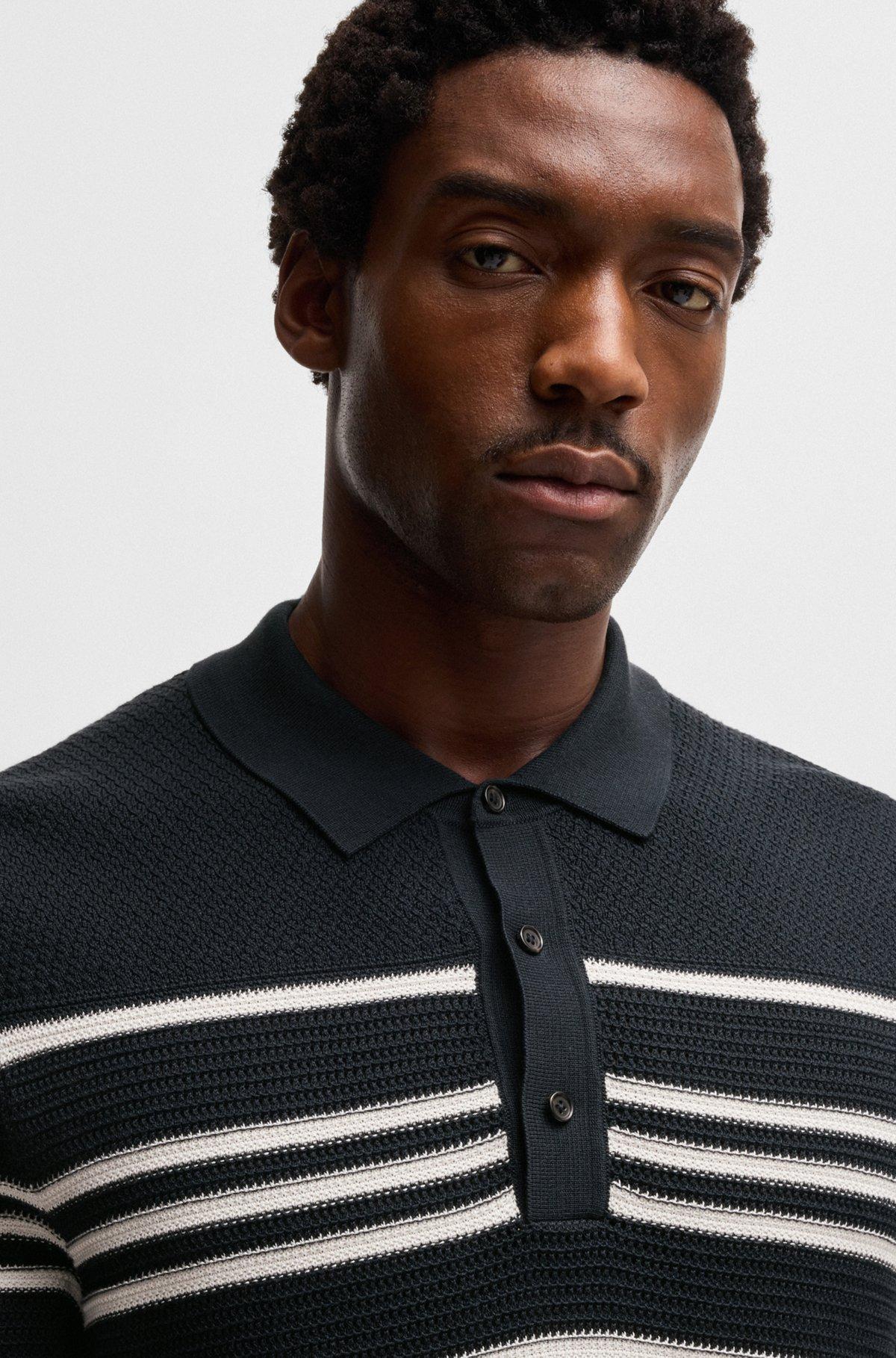 Knit polo in silk and cotton with stripe details Product Image