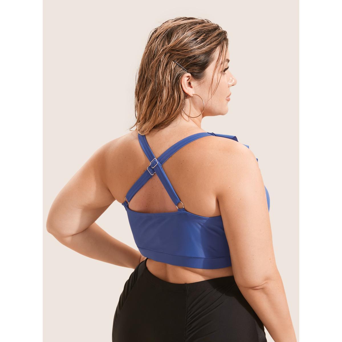 Plus Size Plain Keyhole Ruffle Trim Swim Top Women's Swimwear Indigo Beach Cut-Out High stretch Skinny V-neck Curve Swim Tops BloomChic 12/L Product Image