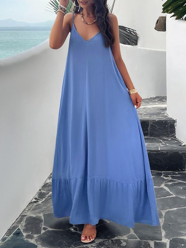 Loose Sleeveless Pleated Solid Color Split-Joint Spaghetti-Neck Maxi Dresses Product Image