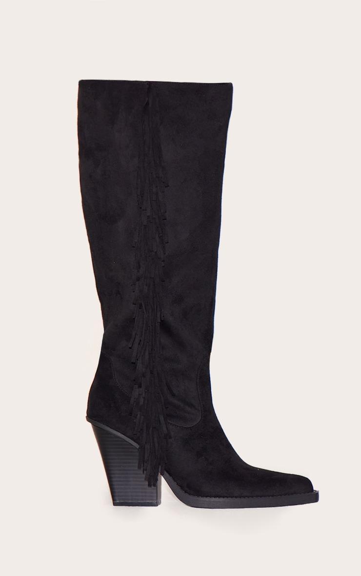 Black Faux Suede Point Toe Fringed High Block Heel Knee Boots Product Image
