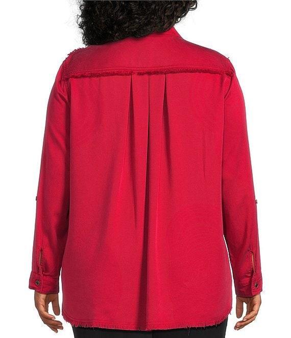 Multiples Plus Size Lyocell Twill Point Collar Long Roll-Tab Sleeve Button Front Fringed Shirt Product Image