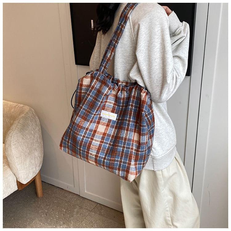 Plaid Drawstring Tote Bag Product Image