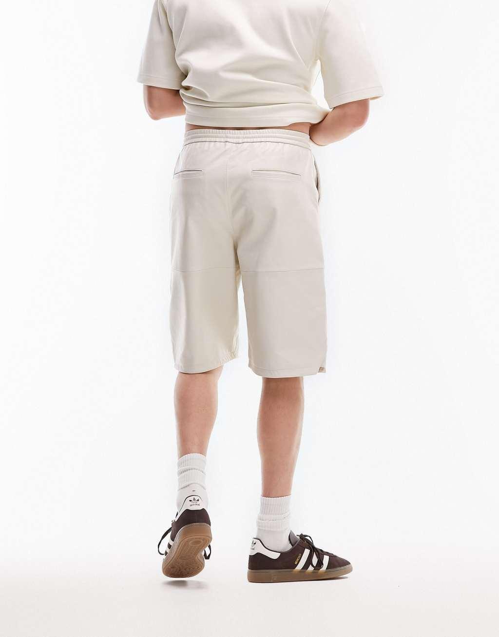 Topman leather longline short in stone Product Image