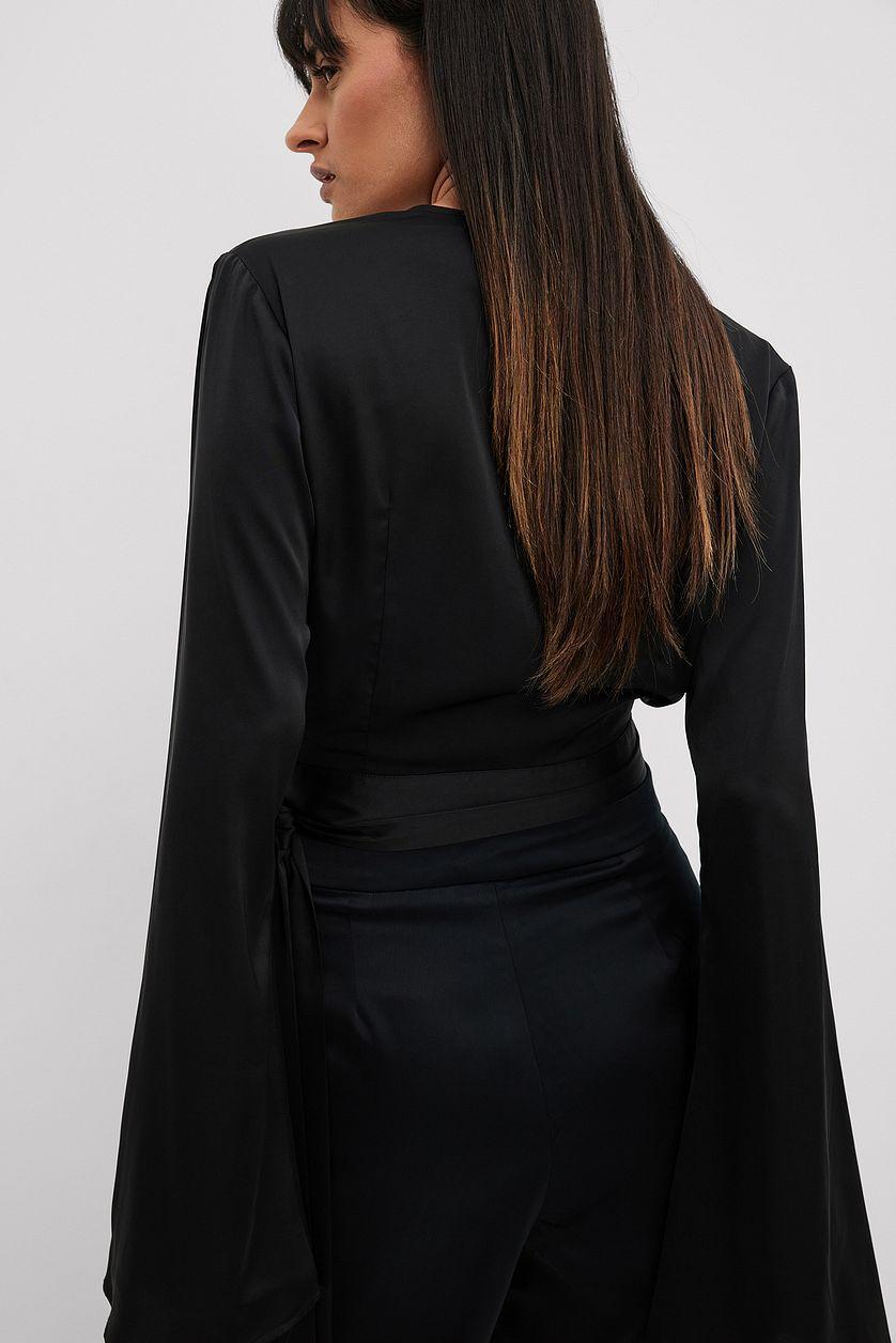 Trumpet Sleeve Wrap Front Satin Blouse Product Image