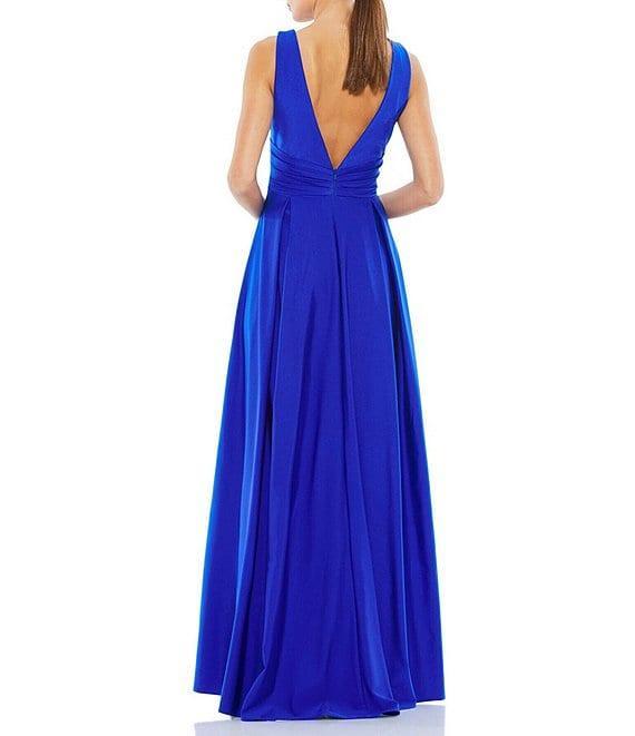 Mac Duggal Pleated Deep V-Neck Sleeveless Empire Waist Thigh High Slit A-Line Gown Product Image