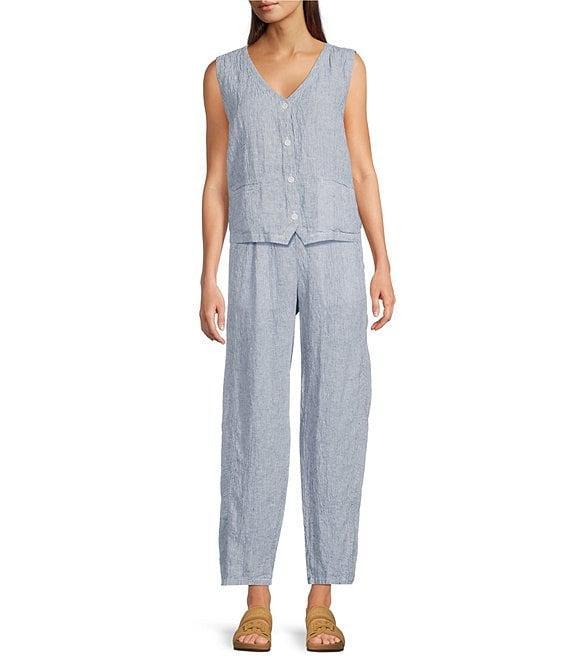 Eileen Fisher Petite Puckered Organic Linen Yarn-Dyed Stripe Elastic Waist Pull-On Pants Product Image