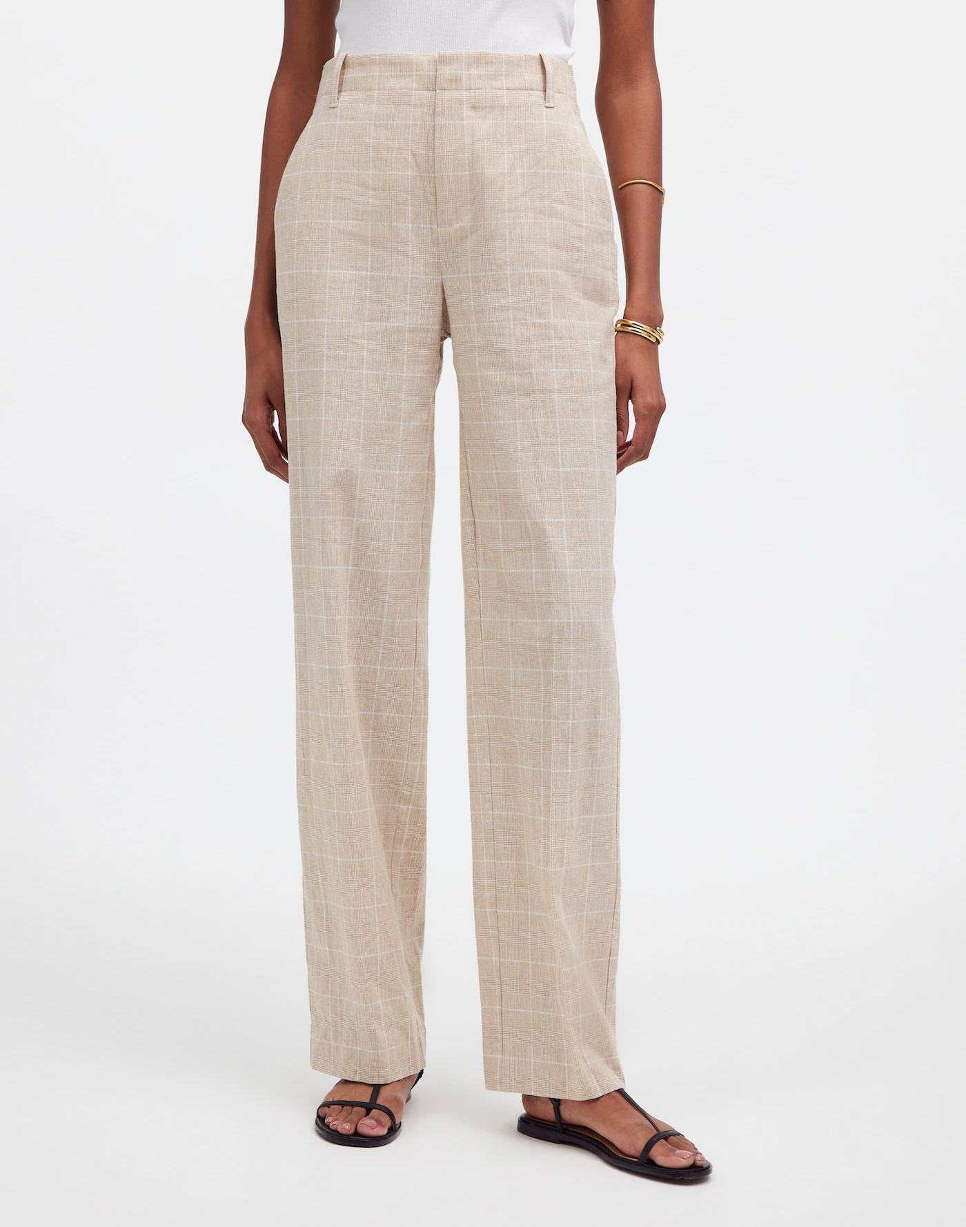 Mid-Rise Straight Pants in Plaid Linen Blend Product Image