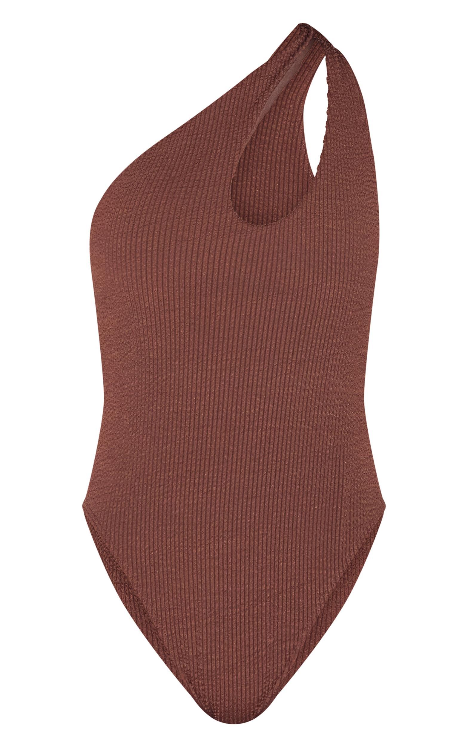 Chocolate Brown Crinkle One Shoulder Cut Out Swimsuit Product Image