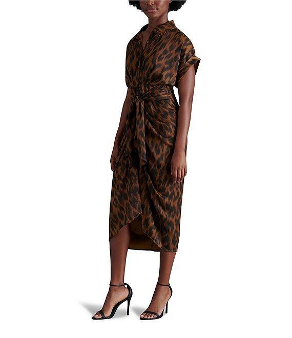 Steve Madden Tori Satin Leopard Print Point Collar Short Kimono Cuff Sleeve Ruched Front Asymmetrical Hem Midi Shirt Dress Product Image