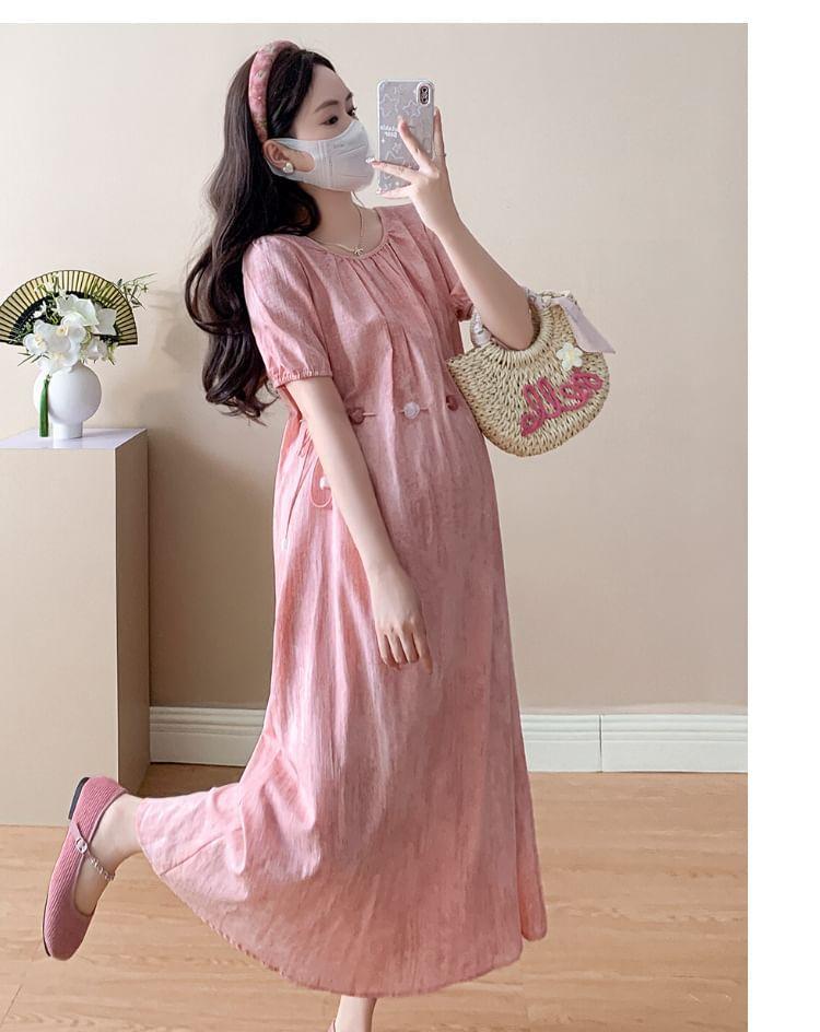 Maternity Short Sleeve Round Neck Beaded Drawstring Waist Maxi A-Line Dress Product Image